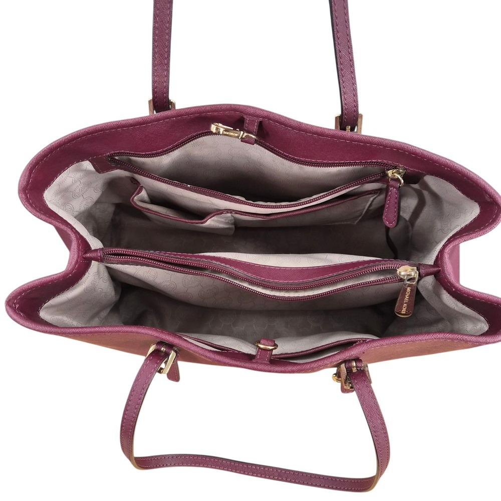 Michael Kors Plum Saffiano Leather Tote Bag Burgundy Gold Hardware Shoulder Bag - Picture 7 of 12